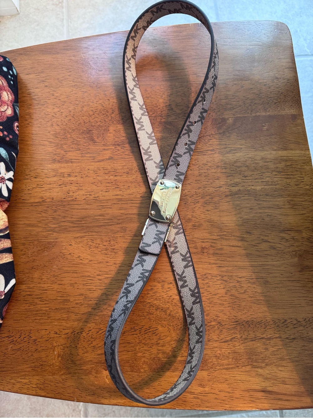 Michael Kors Reversible Gray/Brown MK Logo Slim Belt with Gold Plate